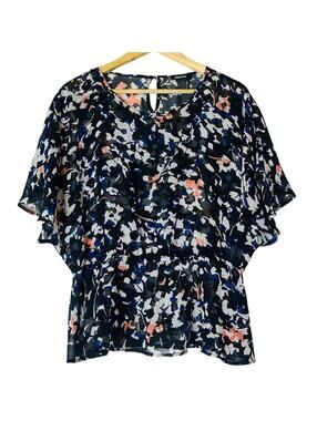 NWOT DKNY Multicolor Abstract Floral Blouse Size L Flutter Sleeve Peplum Waist